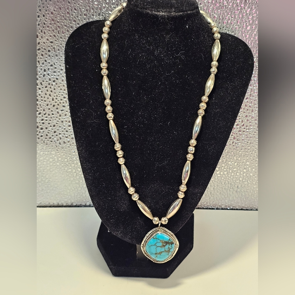 Vintage Sterling Navajo Pearl Necklace with Turquoise Pendant